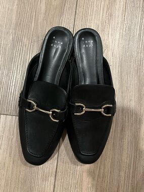 a new day Black Backless Loafers with Gold Bit Accent